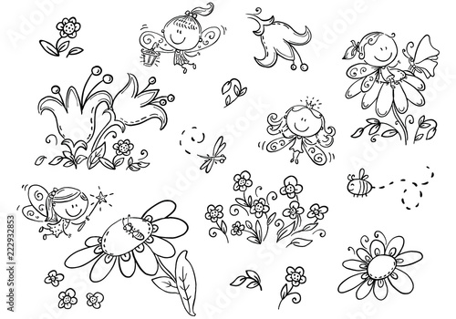 Set of cartoon fairies, insects, flowers and elements, vector graphics, black and white