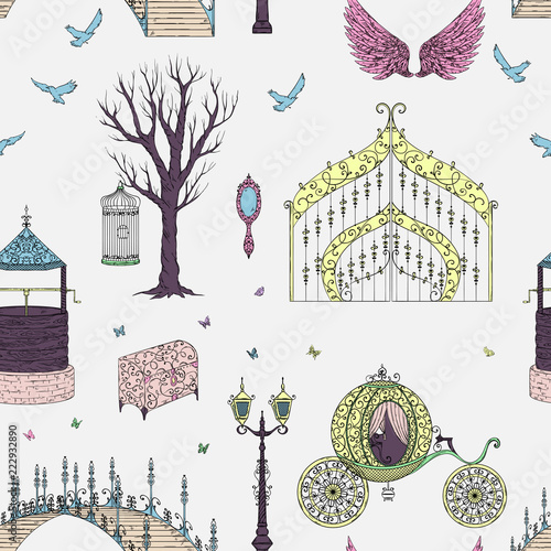 Seamless pattern with with gate, carriage, unicorn,  lantern, wings, chest, birds and butterflies. Fairy tale theme. Isolated objects. Vintage vector illustration 