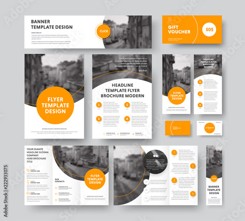 Corporate style with round and semicircular orange design elements and stroke, with a place for photos.