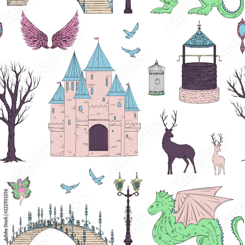 Seamless pattern with castle, dragon, fairy, deers, lantern, tree, birds and bridge. Fairy tale theme. Isolated objects. Vintage vector illustration