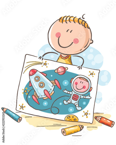 Little boy imagining himself an astronaut with a rocket in space, cartoon