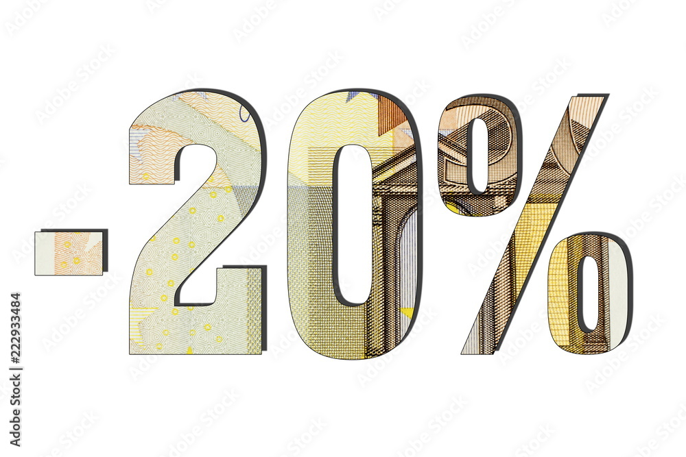 20 % Percent Discount, Sale Up, Special Offer, Trade off, Promotion concept. Euro Banknotes