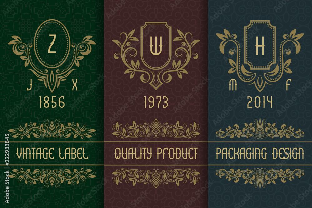 Naklejka premium Vintage packaging design with monograms logos. Set of labels templates for quality product.