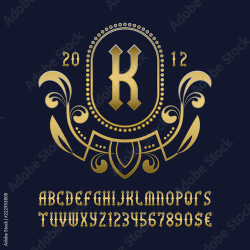 Golden monogram template in beautiful wreath frame with vintage alphabet with numbers.