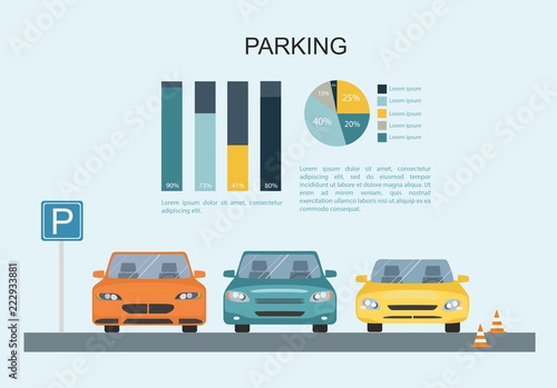 Parking lot with a set of different cars. Transporation Infographic