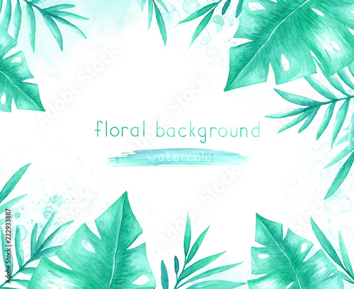 Watercolor background with tropical leaves and twigs on a white background.