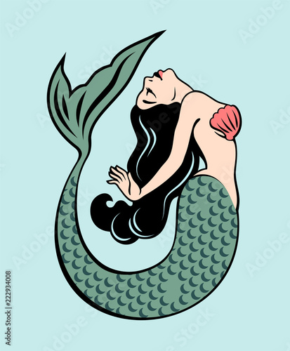 The image of a mermaid in the traditional style of Old school tattoo pin-up