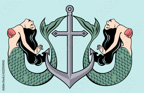 Pair of beautiful mermaids with long hair on the background of the anchor
