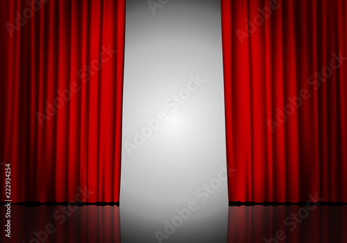 Open red curtain background and spotlight. Theatrical drapes.