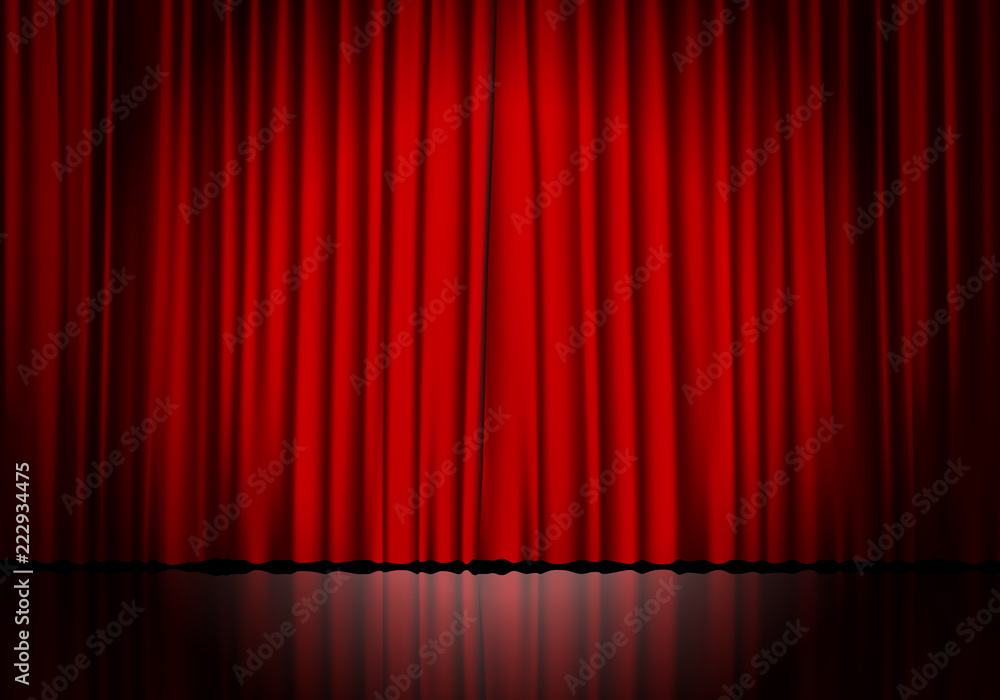 Closed red curtain background and spotlight. Theatrical drapes. Closed red curtain background and spotlight. Theatrical drapes.