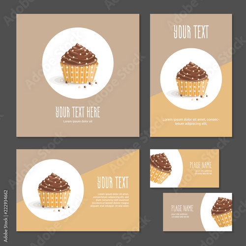 Set corporate style elements with dessert. Template cover brochure, booklet and business card for restaurant, cafe or pastry shop. Chocolate cake in yellow packing paper in polka dots on white circle