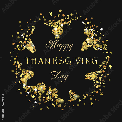 Thanksgiving golden congrats design. Abstract isolated graphic template. Luxurious leaves, sparkles and sequins, dark background. Seasonal decorative sign in traditional style, calligraphic elements.