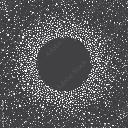 Snow, dot frame with empty space for text and splash, spray texture. Winter background made of spots, blobs, snowflakes of various size. Round shape. New Year, Christmas black and white template.