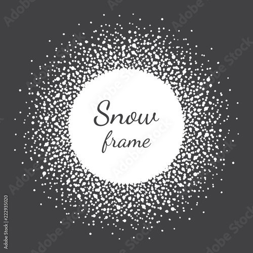 Round snow frame made of spots, dots, splashes, flakes, specks, snowflakes of various size. Circle, snowball shape. New Year, Christmas, winter abstract radial background with empty space for text.