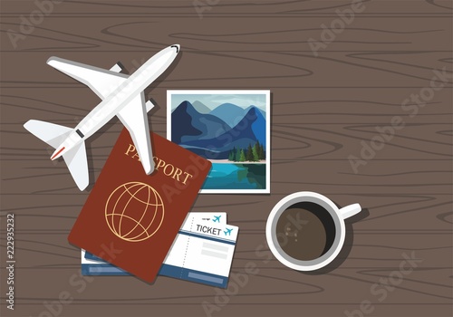 Plane model with travel instant photographs, passports and tickets on white background. Travel concept