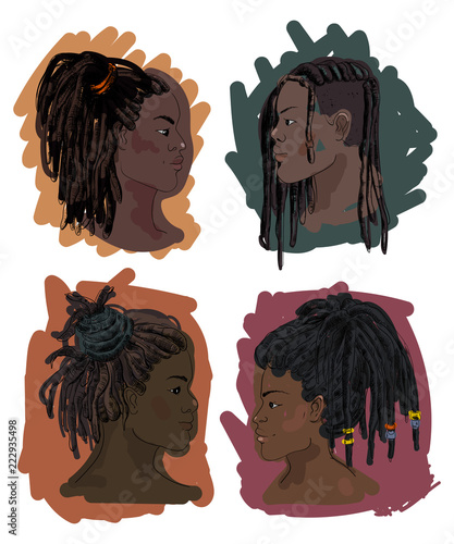 Portrait of men and women with dreadlocks in profile. Isolated on white background. Vector illustration in sketch style 