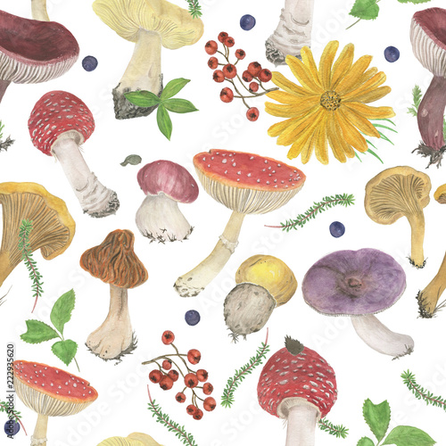 Watercolor painting seamless pattern with autumn leaves and mushrooms