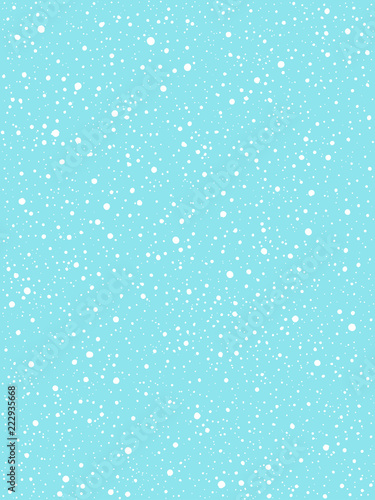 Falling snow, round snowflakes, flakes vector background. White splashes on blue backdrop. Winter snowfall hand drawn spray texture. Chaotic dots, spots of various size. Christmas, New Year template.