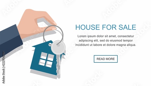 Men hand holding key with house. Vector web banner 