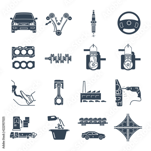 set of black icons servicing, maintenance, repair of car