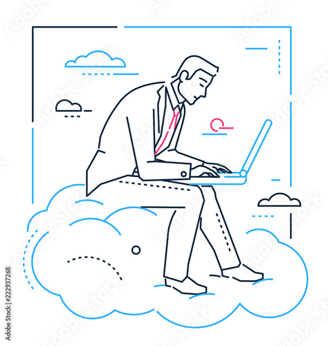 Businessman with a laptop - line design style illustration