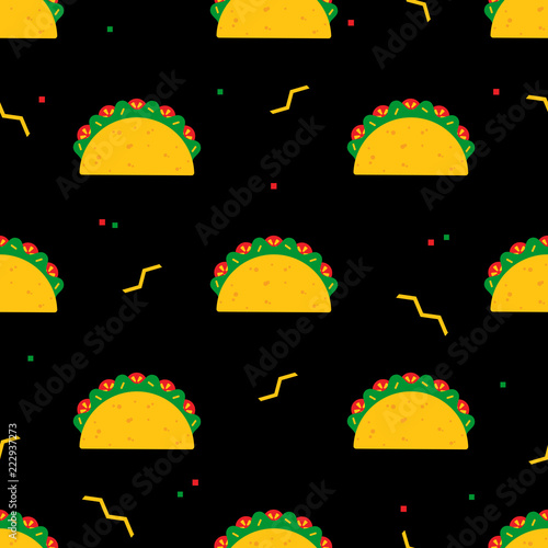National taco meal festive vector seamless pattern. Mexican fast food tacos with beef or chicken meat, green salad and red tomato evenly ordered on black background for traditional taco tuesday party