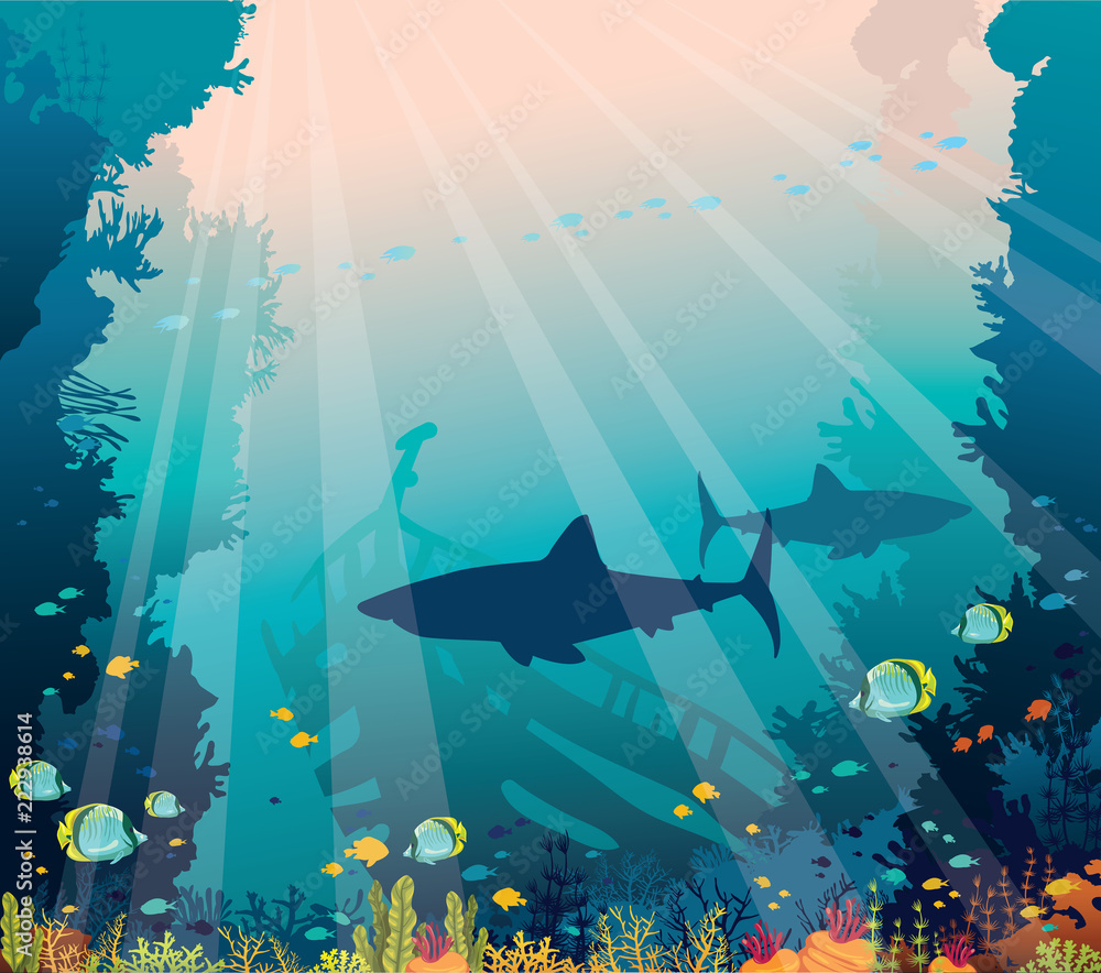 Obraz premium Underwater sea - sharks, coral reef and sunken ship.