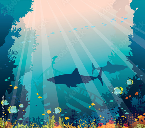 Underwater sea - sharks, coral reef and sunken ship.