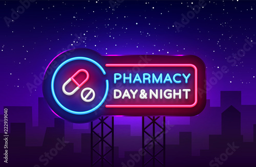 Pharmacy neon signboard vector. Medical neon glowing symbol, Light Banner, neon icon, design element. Vector illustration. Billboards