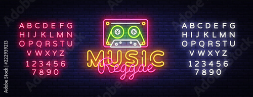 Reggae Music neon sign vector. Reggae Design template neon sign, summer light banner, neon signboard, nightly bright advertising, light inscription. Vector Illustration. Editing text neon sign