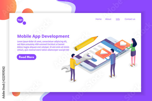 Mobile App Development isometric concept.  Landing page template. Vector illustration.