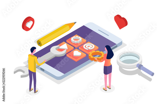 Mobile App Development isometric concept.  Landing page template. Vector illustration.