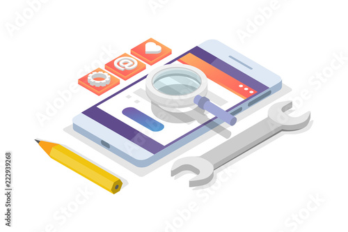 Mobile App Development isometric concept.  Landing page template. Vector illustration.