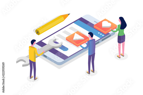Mobile App Development isometric concept.  Landing page template. Vector illustration.