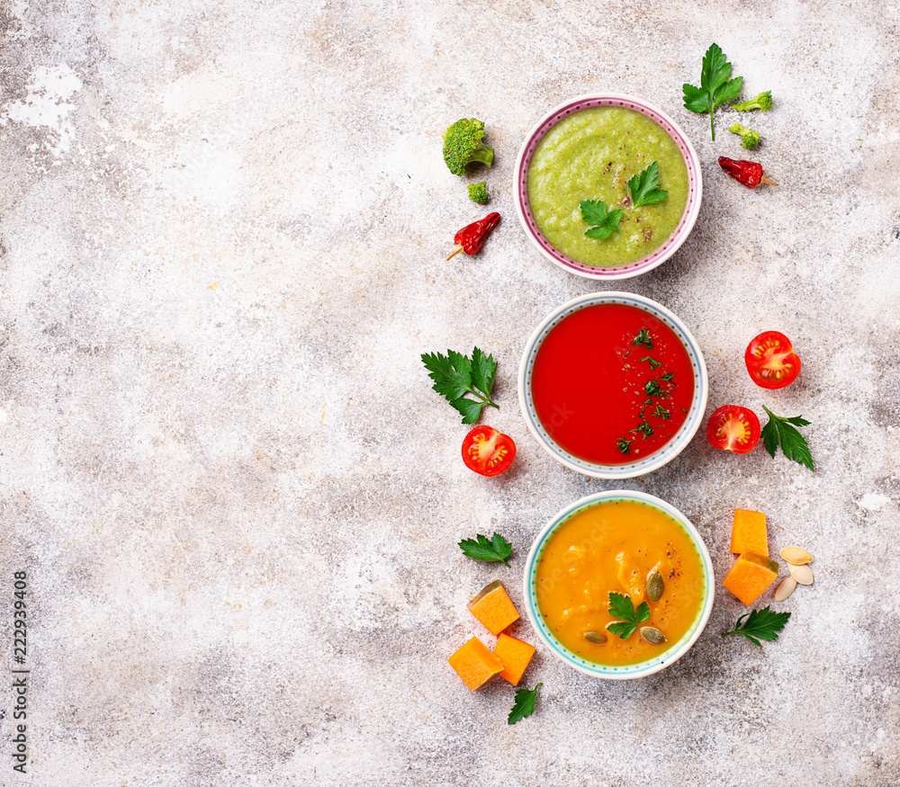 Set of different vegetable cream soups Set of different vegetable cream soups