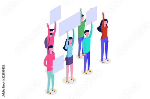 Set of Activist or Protesters men and women isometric holding blank banner, flag, placard, loudspeaker.  Vector illustration.