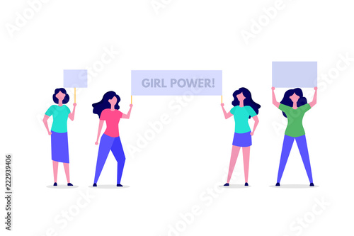  Feminist activists or Protester holding  banner with Girl Power lettering.  Flat style  Vector illustration.