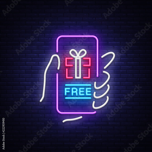 Gift app page on smartphone screen Neon Sign. Gift neon sign, Bonus in smartphone. Modern concept for web banners, web sites, infographics. Vector illustration