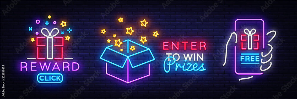 Prizes collection Neon Sign Vector. Gift neon sign, Win super prize design template, modern trend design, night neon signboard, night bright advertising, light banner, light art. Vector illustration - obrazy, fototapety, plakaty 