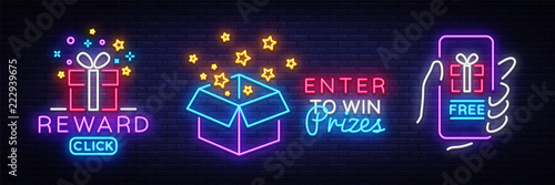 Prizes collection Neon Sign Vector. Gift neon sign, Win super prize design template, modern trend design, night neon signboard, night bright advertising, light banner, light art. Vector illustration