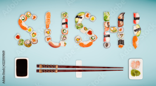 Traditional japanese sushi pieces making inscription.