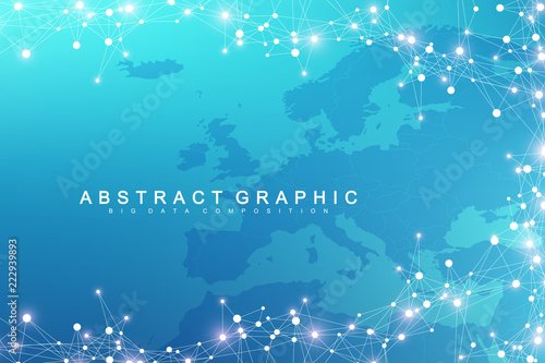 Geometric graphic background communication with Europe Map. Big data complex with compounds. Perspective backdrop. Minimal array. Digital data visualization. Scientific cybernetic vector illustration.