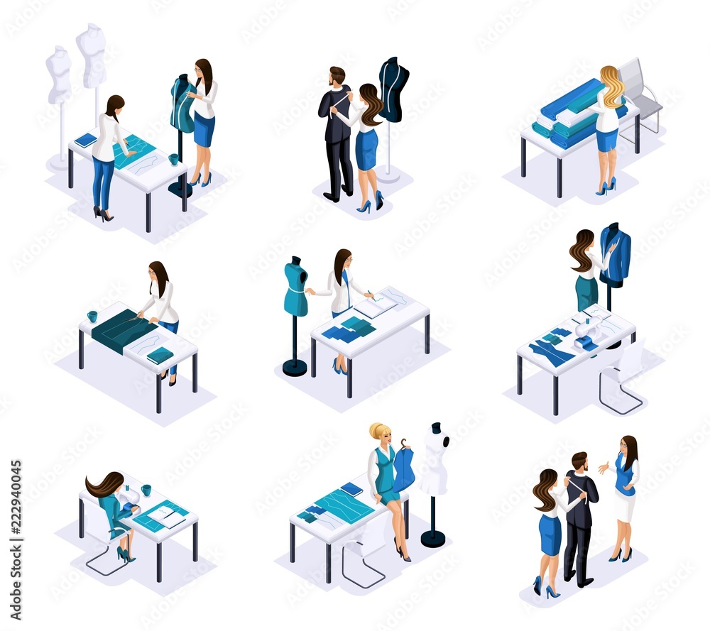 Isometric tailor, a set of mini concepts to create their own illustration of the work of a tailor in a workshop. The entrepreneur working for himself, his own busn Isometric tailor, a set of mini concepts to create their own illustration of the work of a tailor in a workshop. The entrepreneur working for himself, his own busn