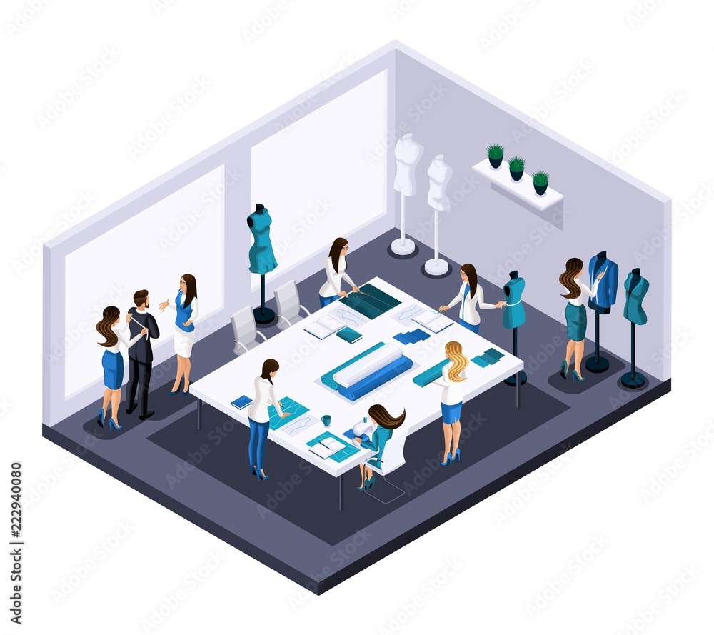 Isometric tailor room atelier process of creating sketches and tailoring for high fashion, cut. The entrepreneur working for himself, his own business Isometric tailor room atelier process of creating sketches and tailoring for high fashion, cut. The entrepreneur working for himself, his own business