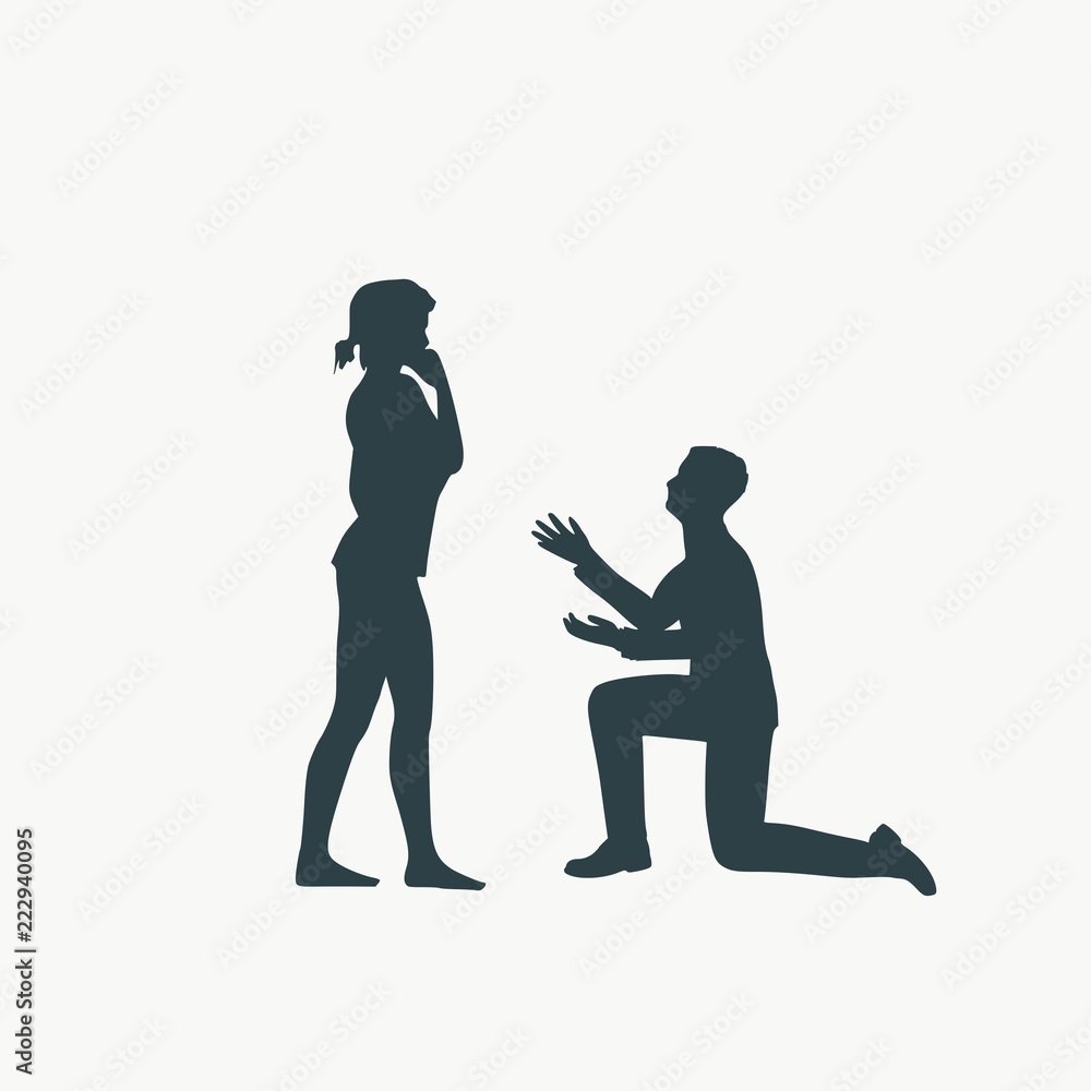 Silhouette of man in prayer pose. Man asking woman to marry him.