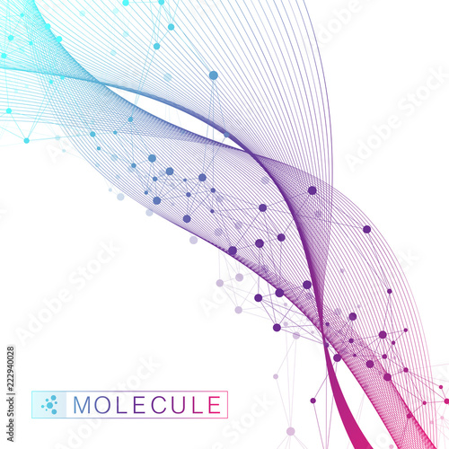 Scientific vector illustration genetic engineering and gene manipulation concept. DNA helix, DNA strand, molecule or atom, neurons. Abstract structure for Science or medical background. Wave flow