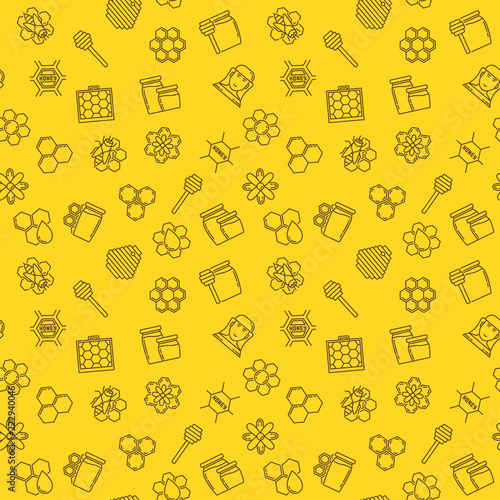Honey and beekeeping vector linear seamless pattern