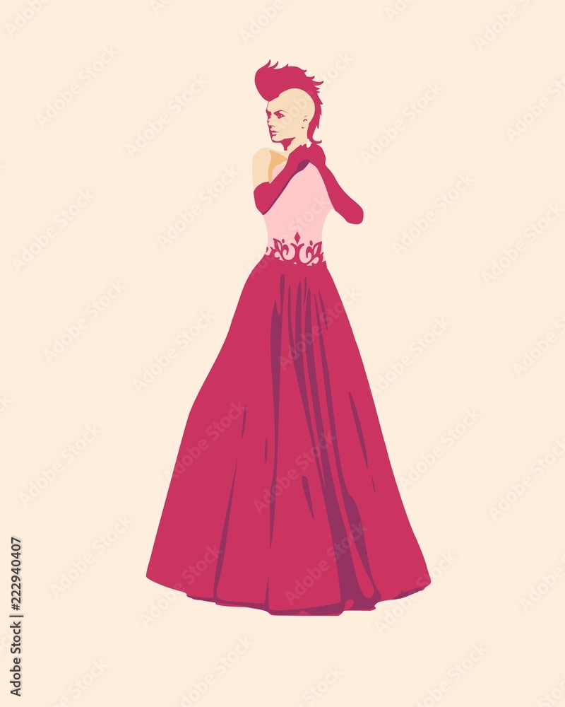 Sexy woman silhouette in red evening dress. Queen or princess rise her hands to face. Mohawk hair style. Sexy woman silhouette in red evening dress. Queen or princess rise her hands to face. Mohawk hair style.