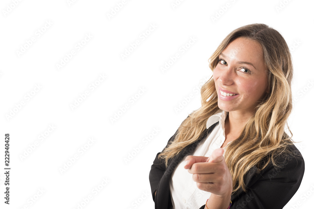 Businesswoman that indicates on the camera. Concept of people recruitment Businesswoman that indicates on the camera. Concept of people recruitment