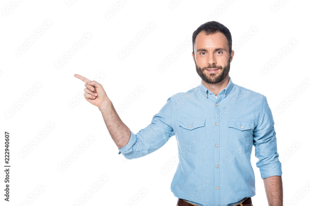 bearded man pointing on something isolated on white bearded man pointing on something isolated on white